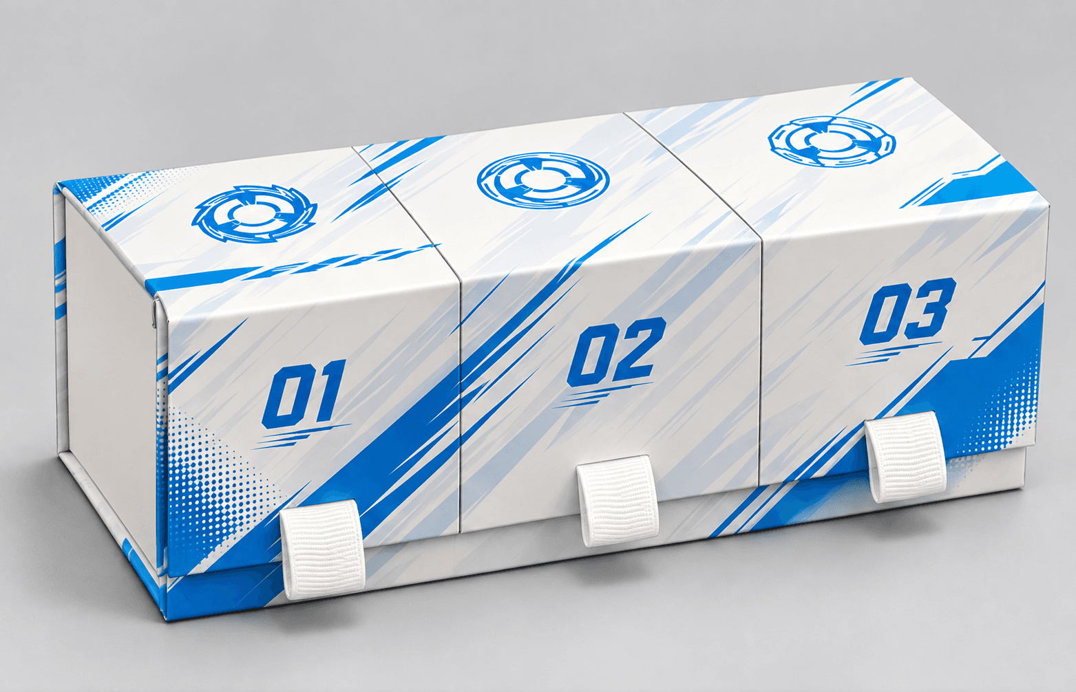 RaidenCore blue and white 3-on-3 deck case for Beyblade X viewed from the front left, showing three numbered lids and white ribbon pulls