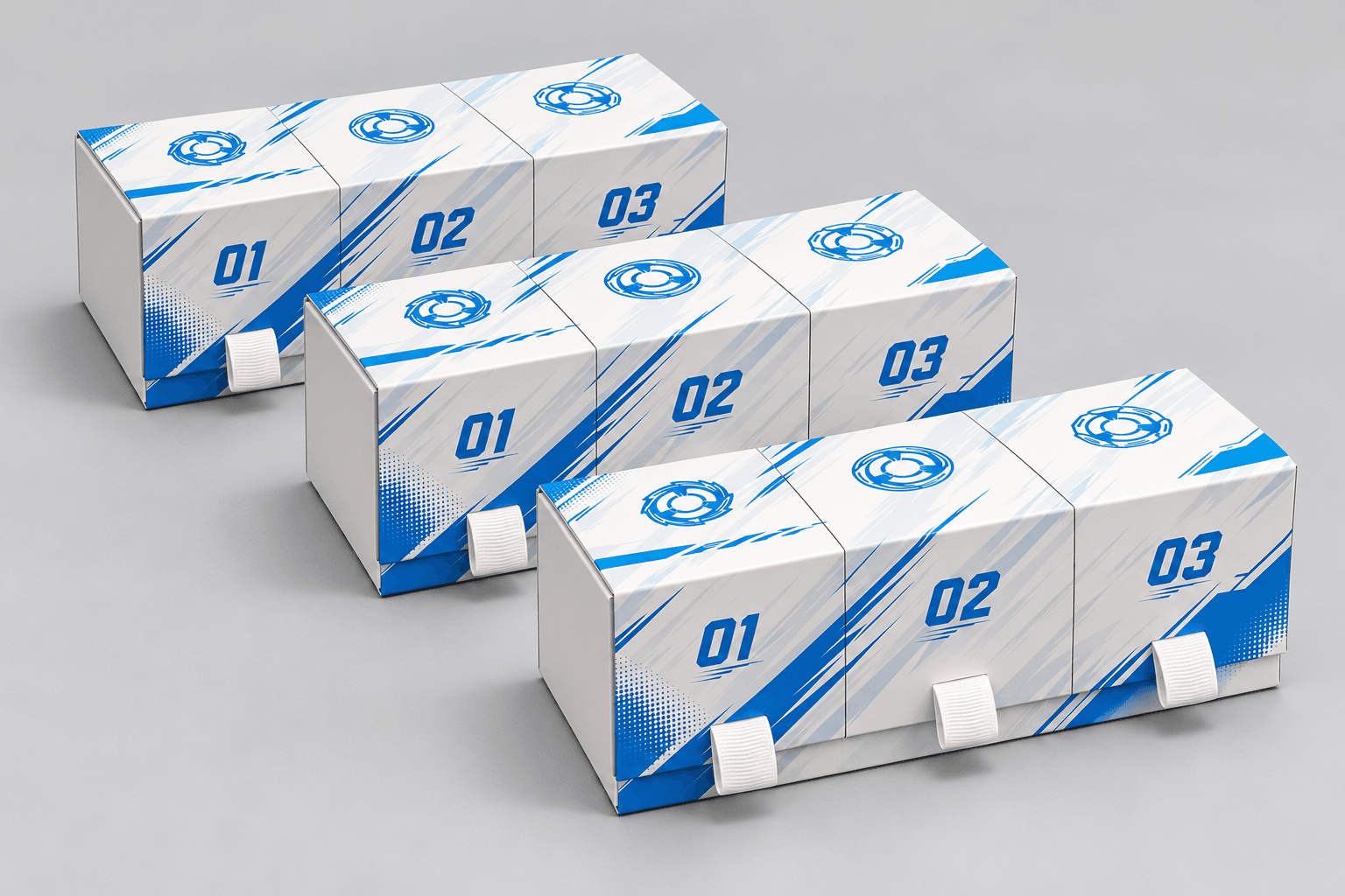 Three closed blue and white RaidenCore deck cases in a stepped arrangement